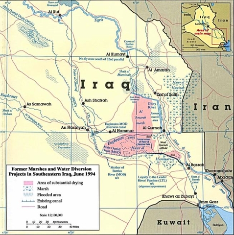 A 1994 map of the Mesopotamian Marshes with the pink zones showing drained areas.