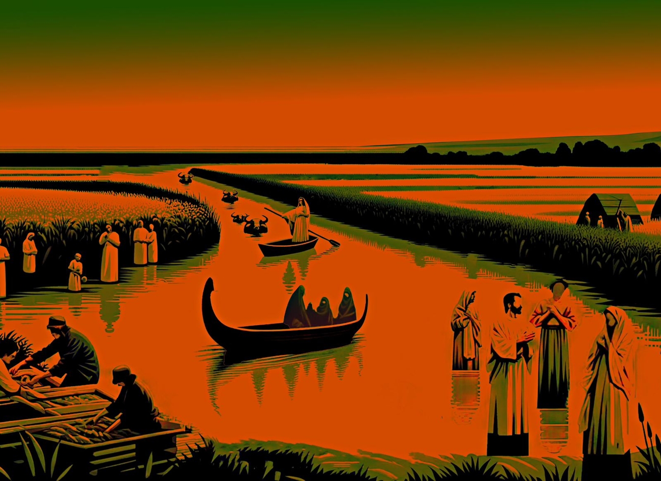 red artwork of marshlands with boats